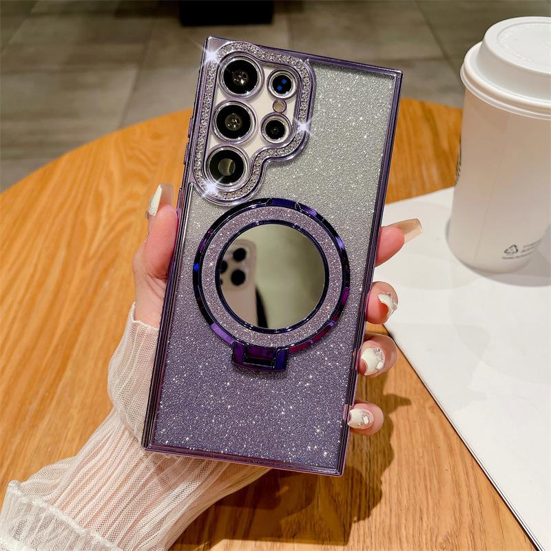 Applicable to Samsung S26Ultra mobile phone case, rhinestone glitter powder, magnetic mirror bracket S25 anti-drop soft case A56