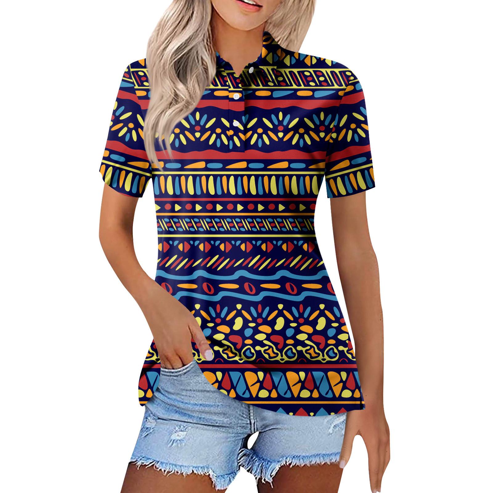 

Женская мода повседневная пуговица с коротким рукавом и принтом на лацканах XXL