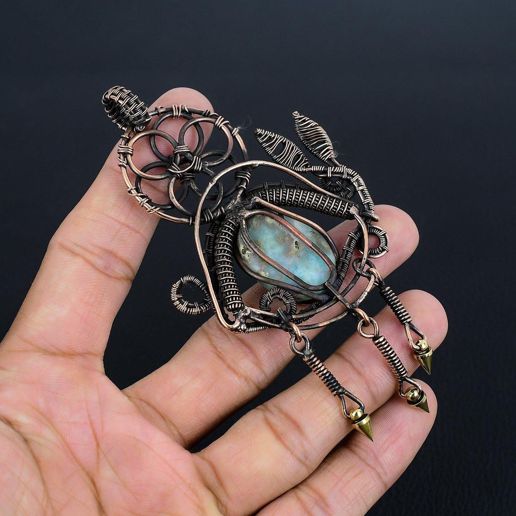 Larimar Pendant Gemstone Jewelry, 999 Copper Wire Wrapped Pendant, Handmade Jewelry Birthstone Pendant, Gift For Him
