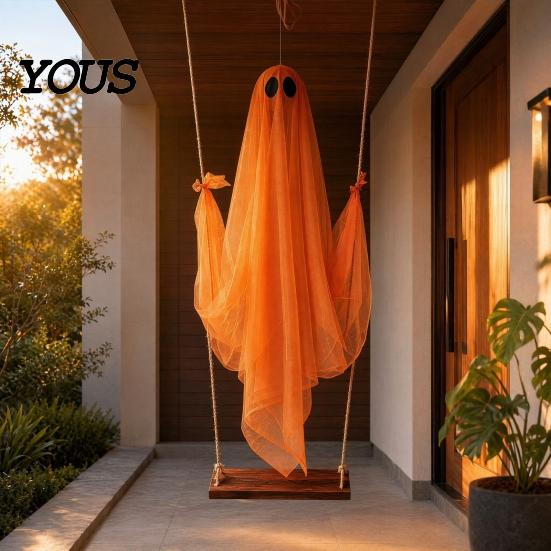 Swinging Ghost Light Halloween Decoration, Large Hanging Swing with LED String Lights, Button Battery Powered Figure for Outdoor Indoor Party