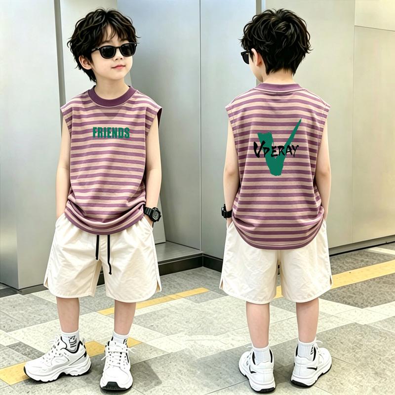 Boys' Summer Patchwork Striped Vest Set (Sleeveless, Ages 6-12)
