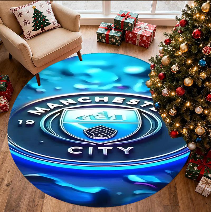 Manchester City FC Pattern Round Rug, Indoor/Outdoor Mat, for Picnic, Gameroom, Bedroom, Office, Living Room, Home Decor Carpet, Birthday Gift