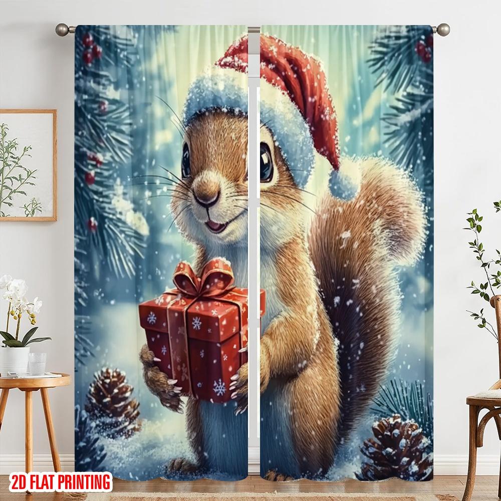 2pcs,2D Plane Printing Curtain Popular Cute Squirrel Christmas Gift (2) Polyester Fabric (without Rod) All Seasons for Living