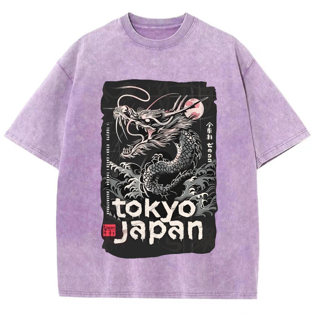 T-shirt för dam med tryck av tecknad drake i japansk stil, modedesign, tvättad, lös, kortärmad, unisex, bomull, komforttopp