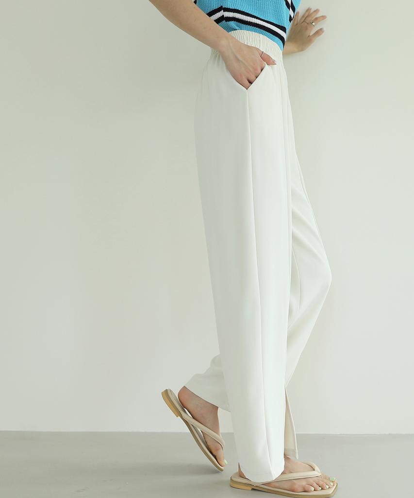 Ppaeppae Elastic Waist Slip Line Front Slit Stretch Long Straight Pants