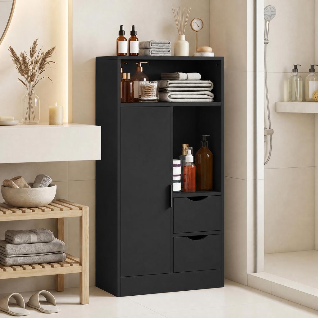 Bathroom Cabinet Narrow Storage Cabinet With 2 Drawers Open Compartments 50x25x100cm Black