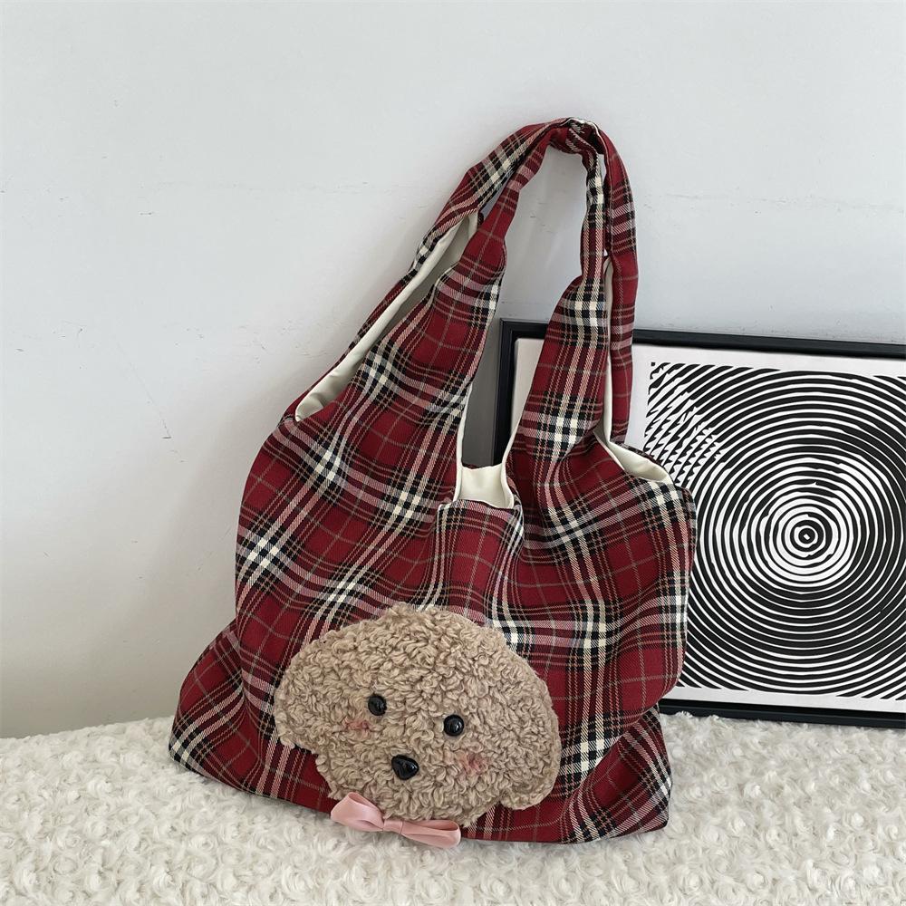 

Embroidered plush cute puppy plaid shoulder bag casual student class handbag