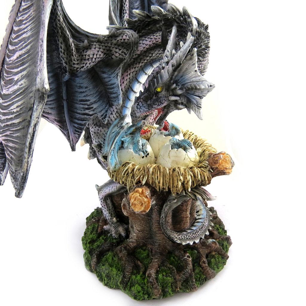 Les Trésors De Lily [L8838] - Figurine 'Mystical Dragon and Its Little Ones' Grey-blue - Height 38 Cm