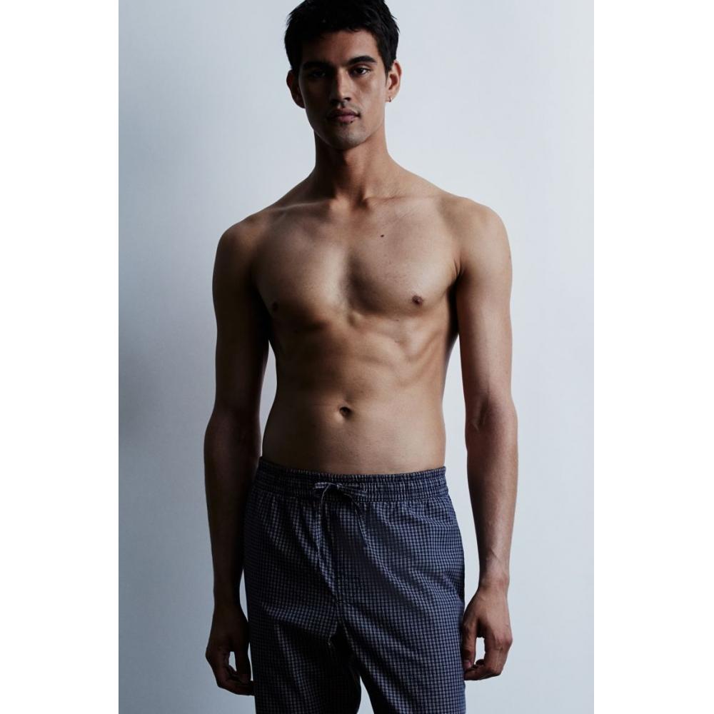 H M Relaxed Fit Poplin Pants Dark Blue cHeck