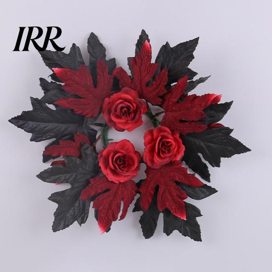Seasonal Holiday Ornaments Halloween Floral Candle Ring, Artificial Maple Rose Wreath for Spooky Home Decorations Holder, Table Centerpiece