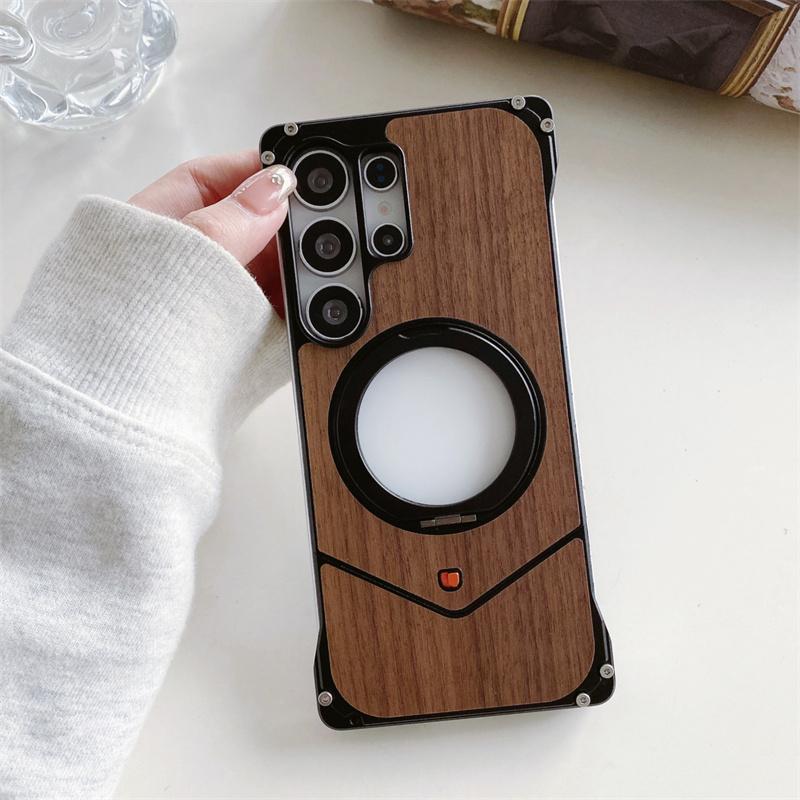 

For Sagsafe Magnetic Solid Wood Metal Snap on Case For Samsung Galaxy S23 S24 S25 Ultra With Stand Adjustable Frameless Cover For Galaxy S23 Ultra