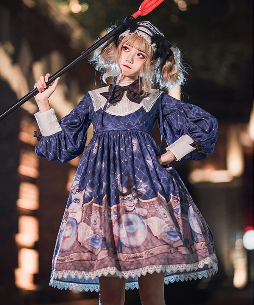 [Milky Time] Lolita Classic Lolita Dress with Mutton Sleeves, Long Sleeves, Magic Crystal, and Cat Design (Navy)