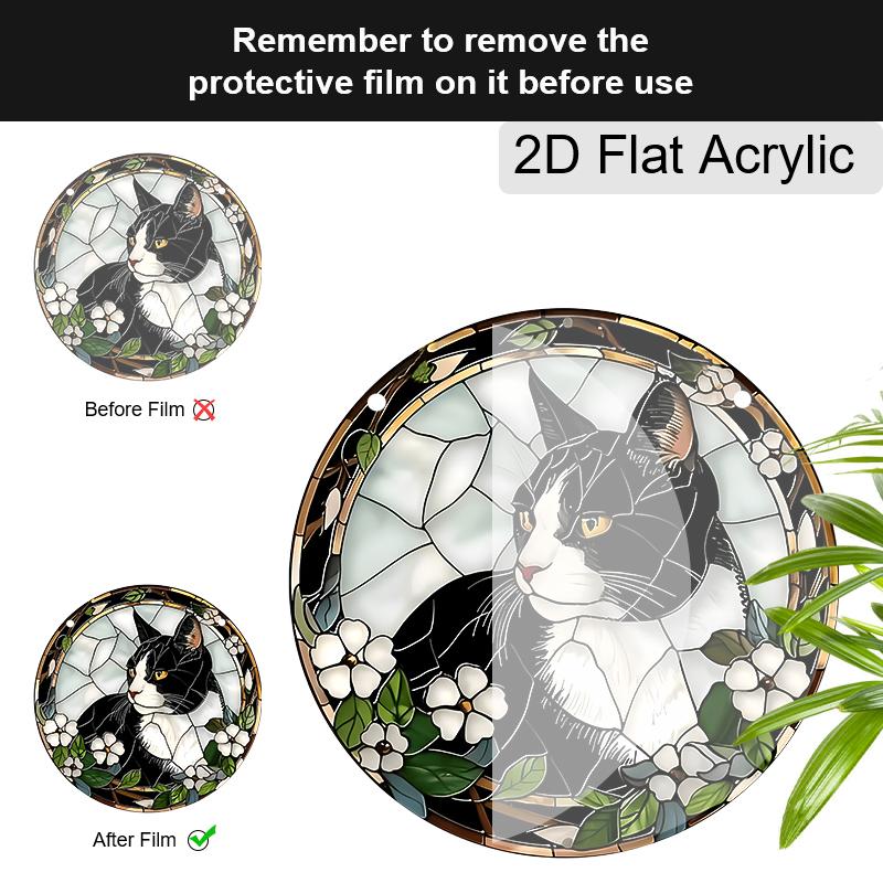 Acrylic Tuxedo Cat with White Flowers Suncatcher, Stained Glass Effect Window Hanging Ornament for Cat & Pet Lover Gifts