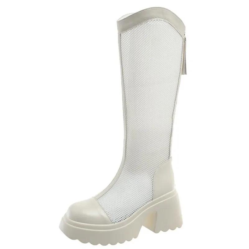 7CM Female Summer Knee-high Mesh High Boots Women ZIP Breathable Mesh Knight Boots Thick Heel Hollow Long Cool Boots Botas Mujer