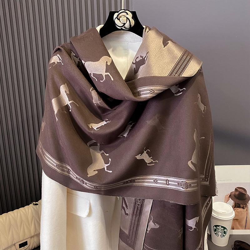 Autumn and winter retro equestrian style galloping horse pattern shawl women's high sense versatile thickened warm fringed scarf dual-purpose