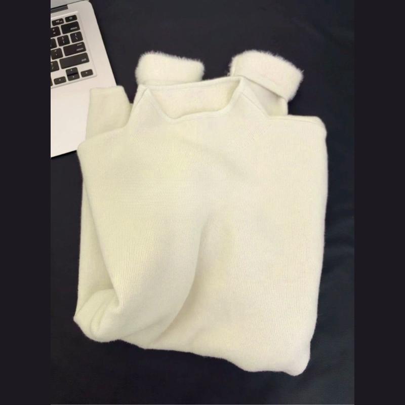 White Knitted Fleece Lined Half High Collar Sweater Women's Fashion Autumn Winter Inner Wear Base Shirt Integrated Fleece Top