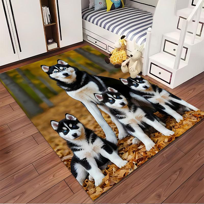 Husky Family in Autumn Forest suitable as a non-slip mat for the living room or bedroom sofa