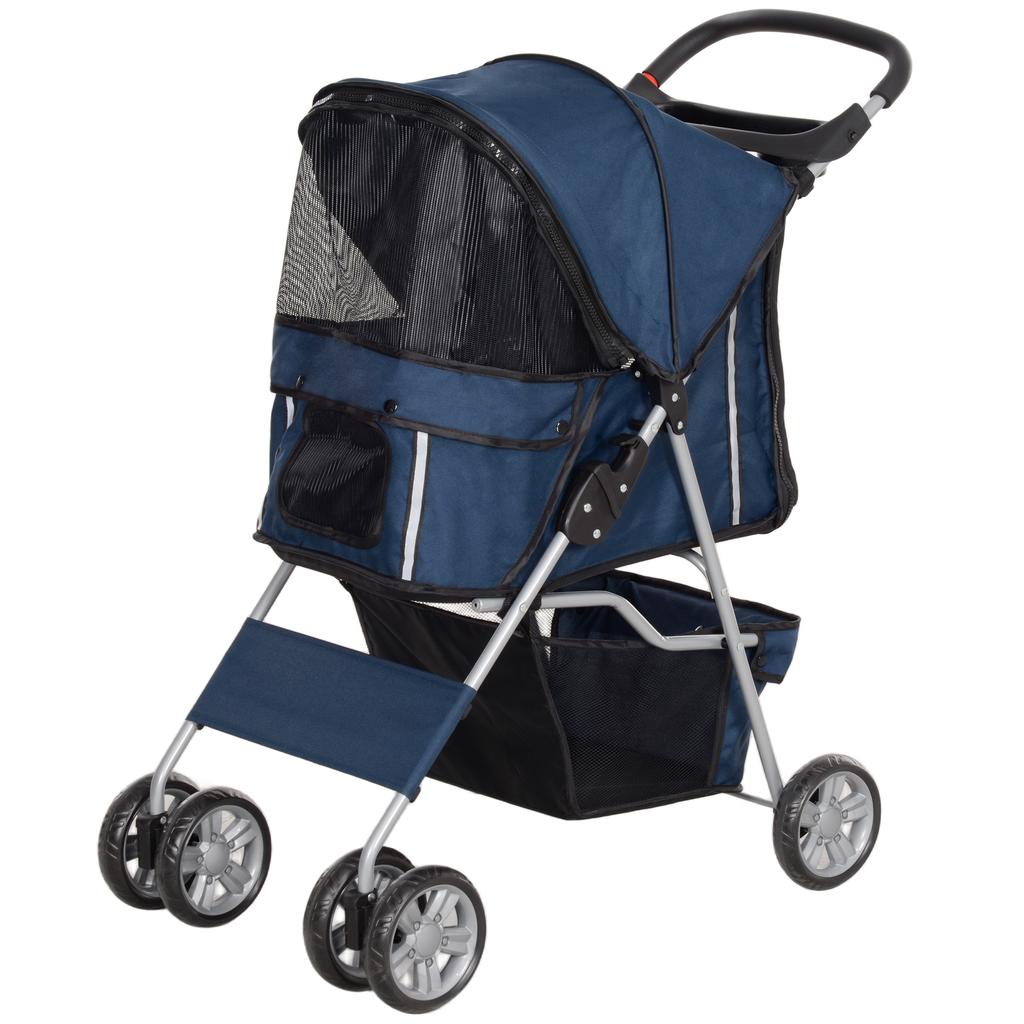 Folding Dog Stroller with Basket and Cup Holder, Max. Weight 10 kg, 75x45x97cm, Dark Blue