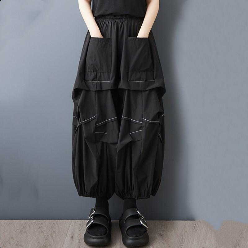 Damen Sommer Elastischer Bund Bloomer Lässige Einfarbige Plissierte Weitbein Hose mit Taschen