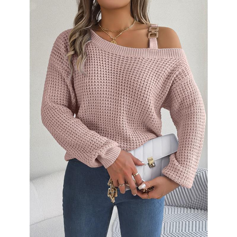 VEZFAA Women's Fashion Casual Fall Winter Solid Color Print Long Sleeve Oblique Collar Sweaters