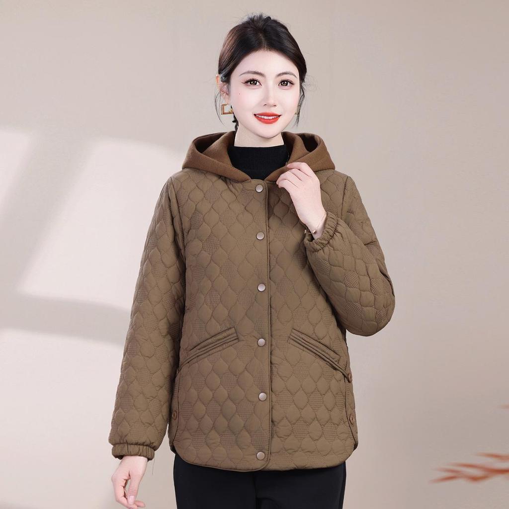 2025 Autumn/Winter Women's Diamond Pattern Hooded Cotton Coat - Warm Color Block Jacket for Middle-aged and Elderly Mothers