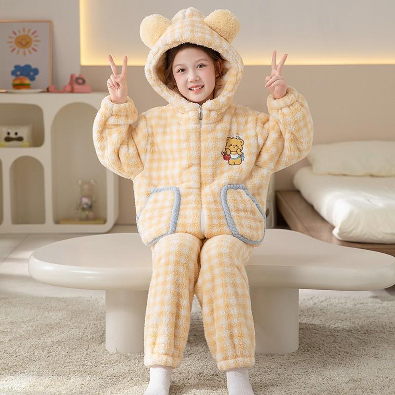 Girls Warm Coral Fleece Pajama Set With Hooded Top Pants Thick Soft Sleepwear Winter