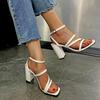 FashionSummer Ladies White High Heel Sandals Simple Sandals Square Toe Open Toe Straps Women Sandals Womens Shoes