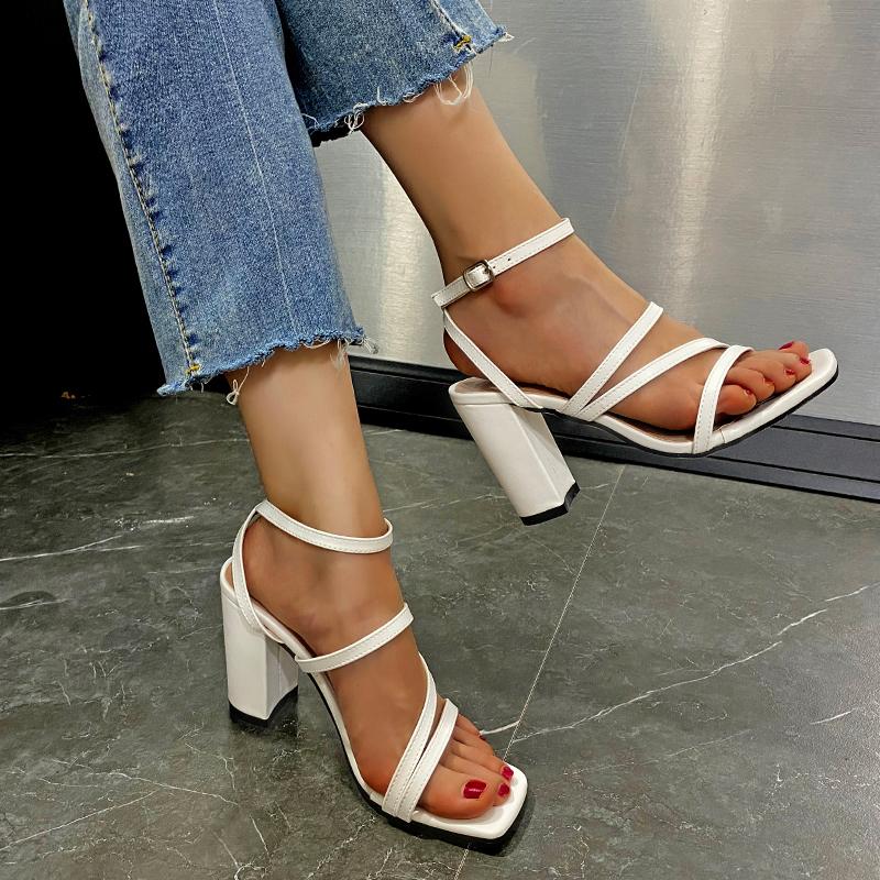 FashionSummer Ladies White High Heel Sandals Simple Sandals Square Toe Open Toe Straps Women Sandals Womens Shoes
