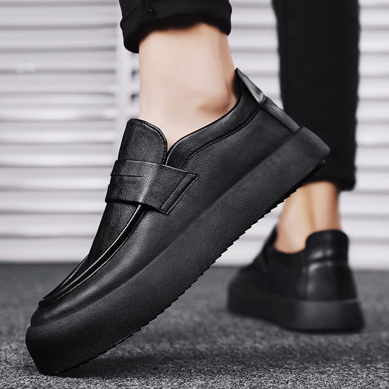 2024 Summer New Breathable Lazy Man Step On Thick Sole Casual Leather Shoes British Style Black Lucky Tidal Shoes