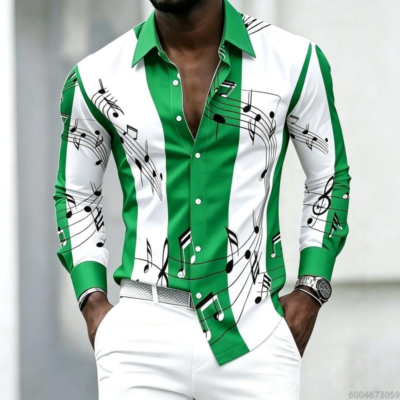 Men's Collared Shirt with Creative Musical Note Print, Trendy Long-sleeved Casual Top for Everyday Wear, Dates, and Outings.