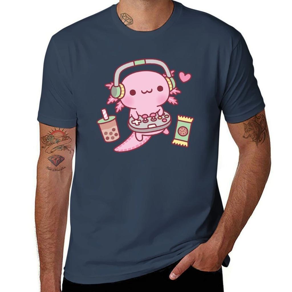Cute Axolotl Loves Playing Video Games Funny Tshirt Work Casual Loose Fit Tshirt