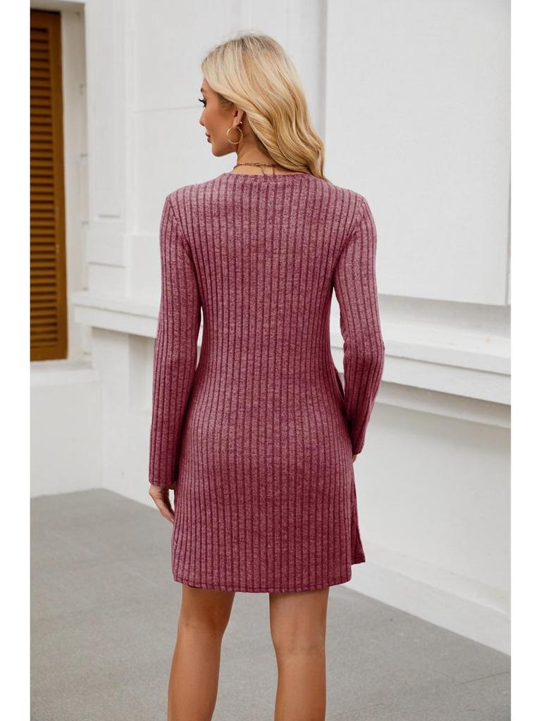 2024 Trendy Women's Long Sleeve Dress: Round Neck with Side Buttons, Pockets, and Waist Tie.