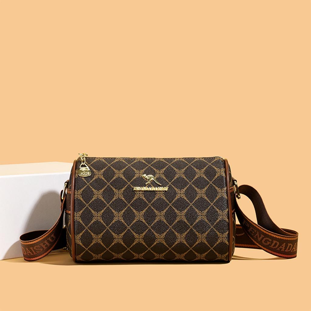 Women's Vintage Geometric Shoulder Bag PU Leather Handbag with Kangaroo Logo & Zipper for Daily Essentials Crossbody Bag