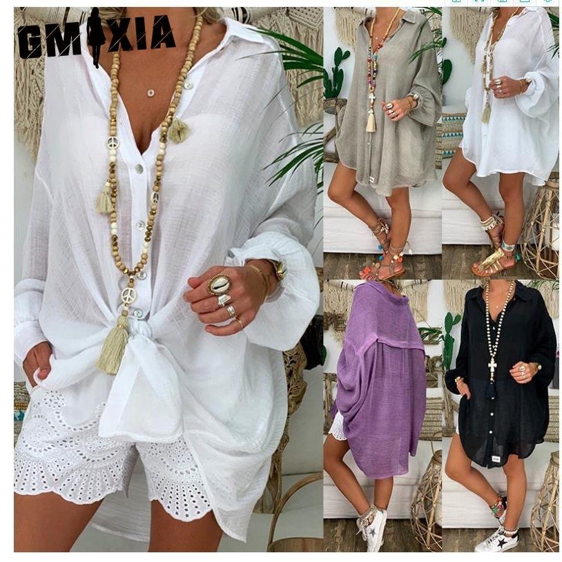 GMXIA Cotton and Linen Shirt, Plus-size Women's Shirt, Loose Long-sleeved Casual Shirt, Women's Top
