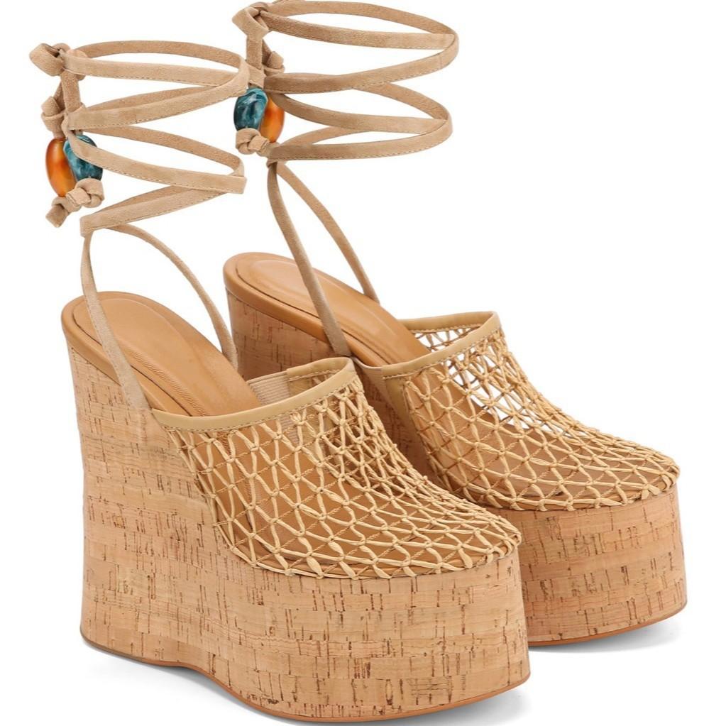 Fashion Thick-soled Wood Grain Waterproof Table Fishing Net Sandals Women's Summer Wear 2025 New Classic Versatile Platform Sandals