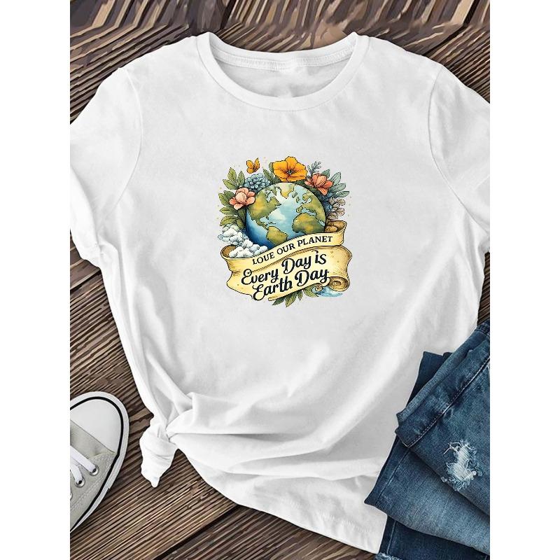Womens Floral Earth Print Tee Crew Neck Short Sleeve Stylish Retro Casual Everyday Top Versatile Commuter Vacation Wear