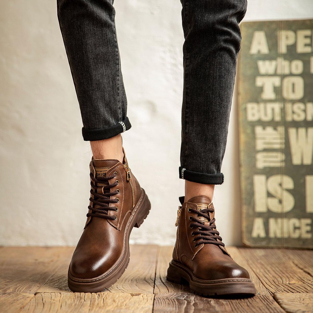 CALTO Scarpe da ascensore da uomo invisibili in altezza - Stivali da cowboy in pelle premium con cerniera - 3,3 pollici più alti, Marrone, 38 EU