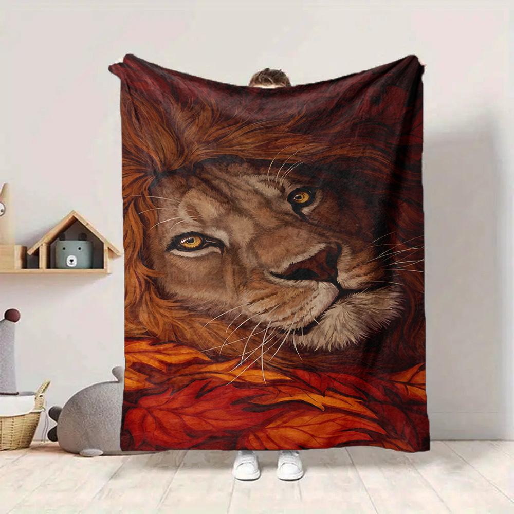 1pc Lion, Autumn Leaves Blanket Lightweight Flannel Blanket Throw Blanket For Sofa, Bed, Travel, Camping, Livingroom, Office, Couch, Chair, And Bed yy