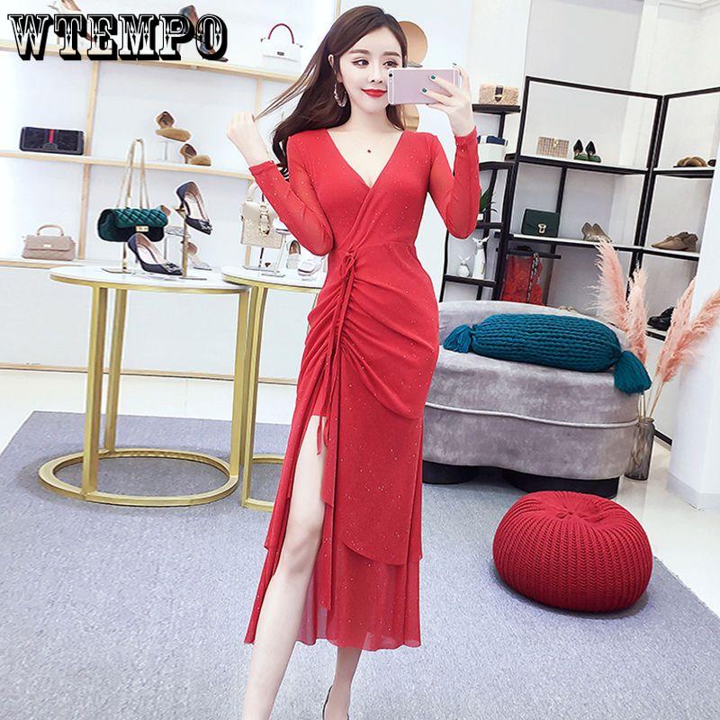 WTEMPO Dámské šaty Sexy hluboký výstřih Vysoký rozparek Rybí ocas Šaty na boky Pas Skinny šaty Ramínka Duté Párty šaty