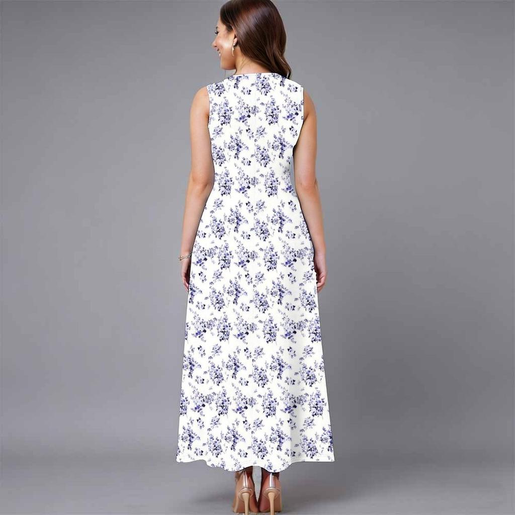 Plus Size Women Sleeveless Crew Neck Dress Beautiful Flower Printed Loose Long Dress For Summer Street Wear