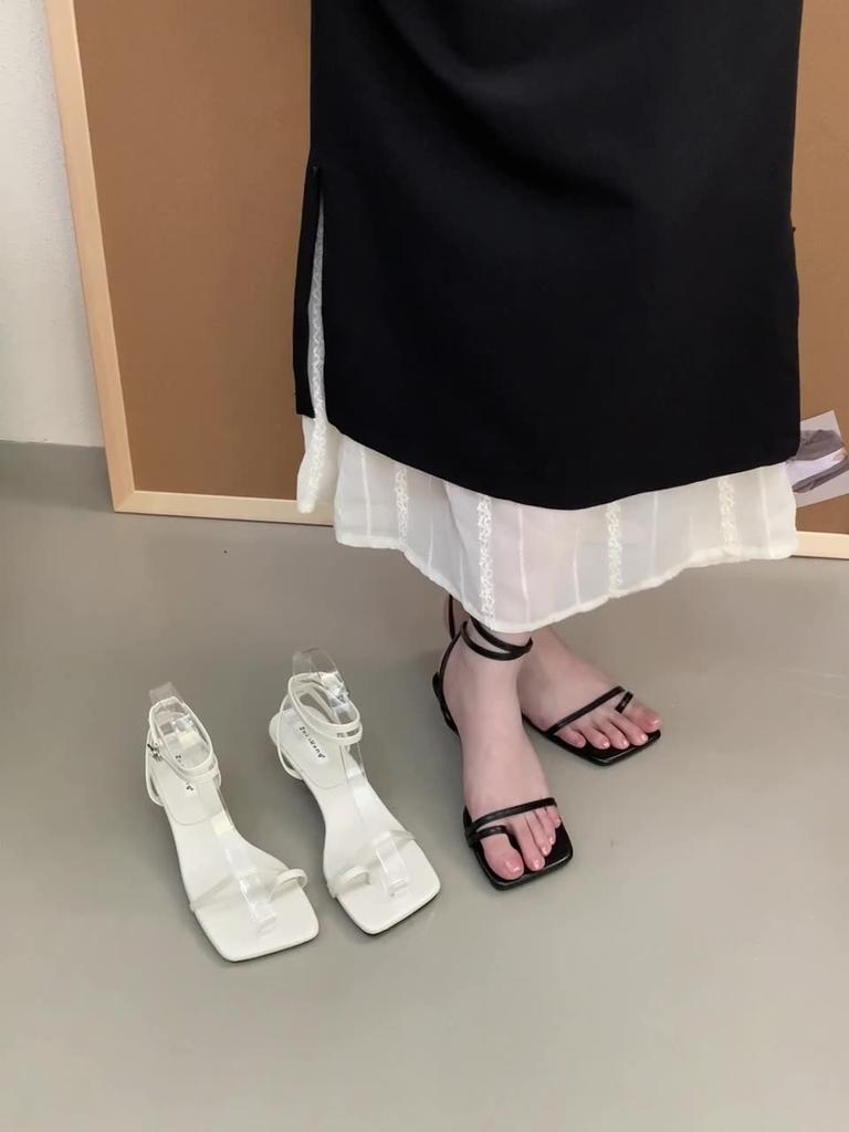 Fashion Low Sandals Woman Leather Shoes Summer Heels Suit Female Beige Low-heeled Girls Comfort Black 2025 Clear High Fashion Stiletto B