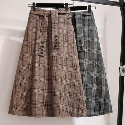 Woolen Plaid Skirt for Women Vintage High Waist Autumn Winter Skirt Woman with Belt A-Line Long Skirts Ladies