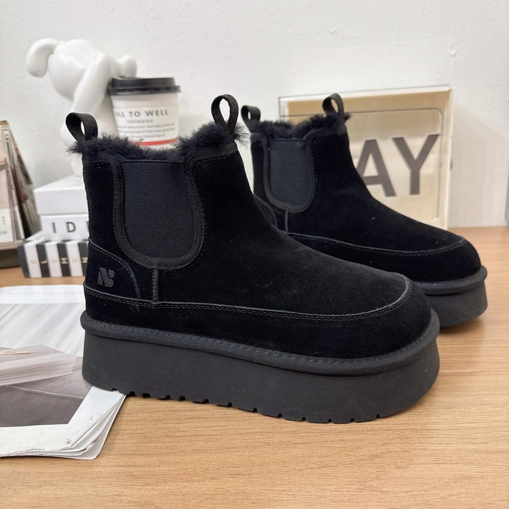 Frosted Leather Big Head Snow Boots Women's Winter Velvet Warm Thick-soled Short Chelsea Boots Fluffy Cotton Boots