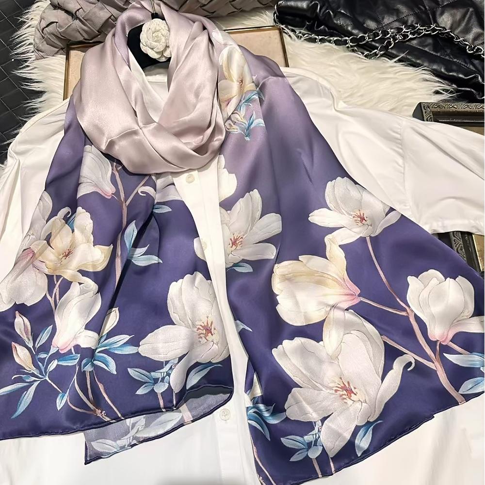 China Style Blue White 100% Silk Flower Women'S Scarf Shawl Dufanda Fall Winter Long Scarves Hijabs Fashion Silk Scarf
