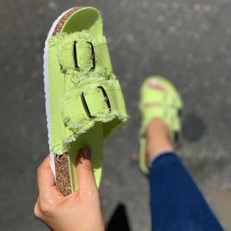 Summer new flat-bottomed slippers women's summer new large-size belt buckle one-word canvas cool slippers