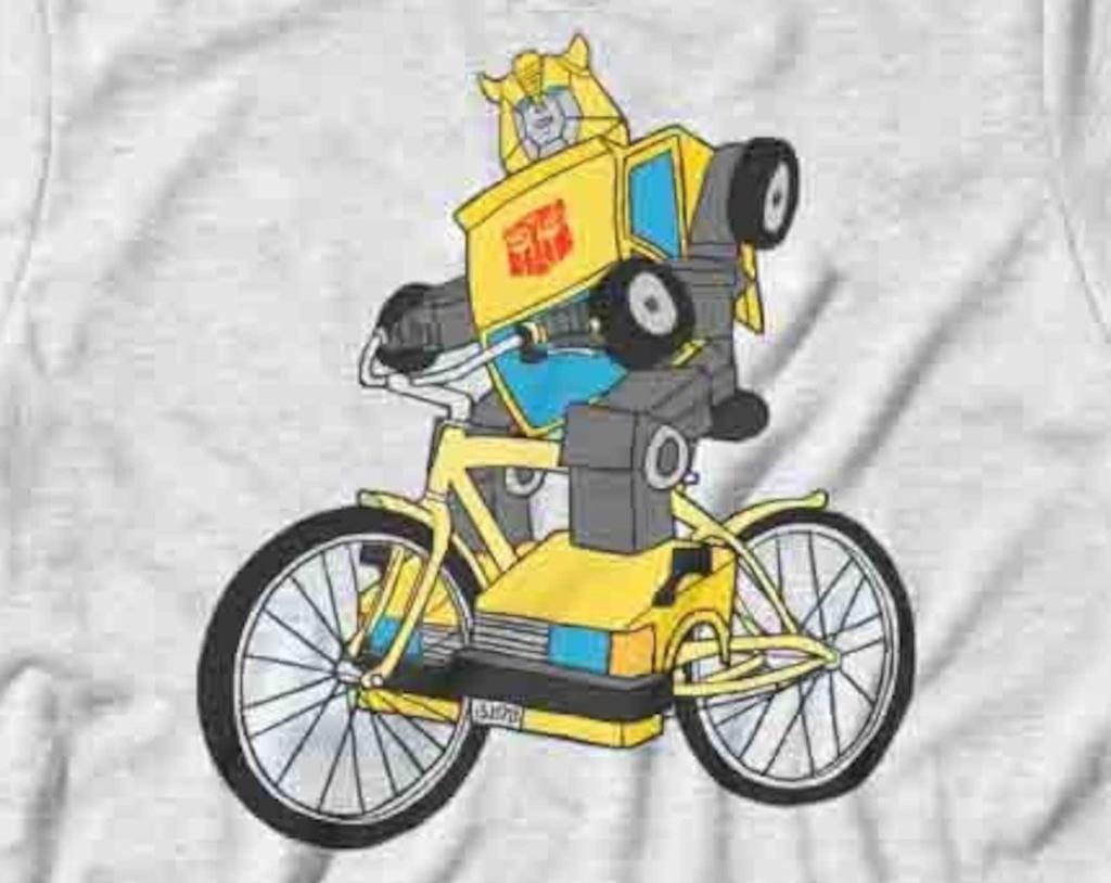 Bumblebee Riding A Bicycle Funny Robot Toy T-Shirt 80's TV Show Biker Bike Hilarious Shirt