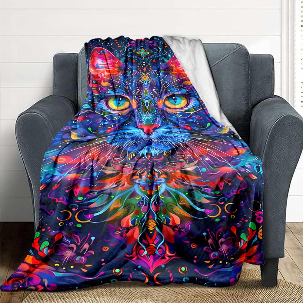 1pc Psychedelic Cat Art Blanket Lightweight Flannel Blanket Throw Blanket For Sofa, Bed, Travel, Camping yy2509026174 75x90cm