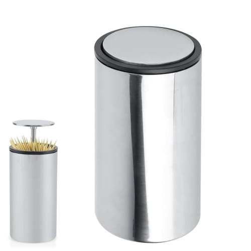 Push-type toothpick holder, stainless steel, large capacity, wear-resistant, portable, concealed storage for toothpicks and cotton swabs.