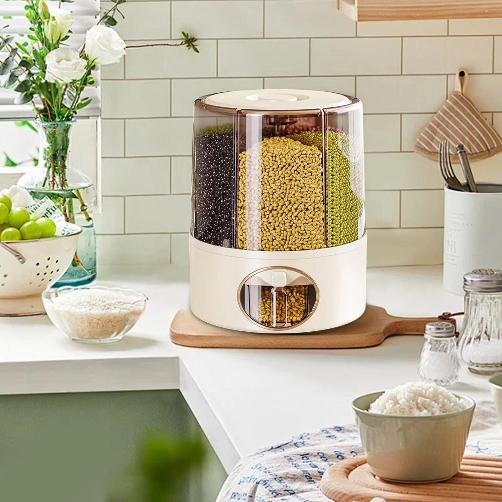 6-Grid Design Rice Dispenser One-Click Output Rotating Rice Bucket Airtight Barrel Home Use