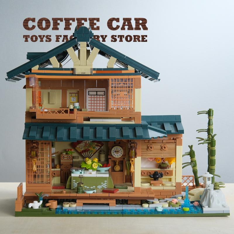 Japanese View Wooden House MOC Bricks City LED Log Cabin Building Blocks Toys Tatami Room Plastic Model Adult Kids Birthday Gift